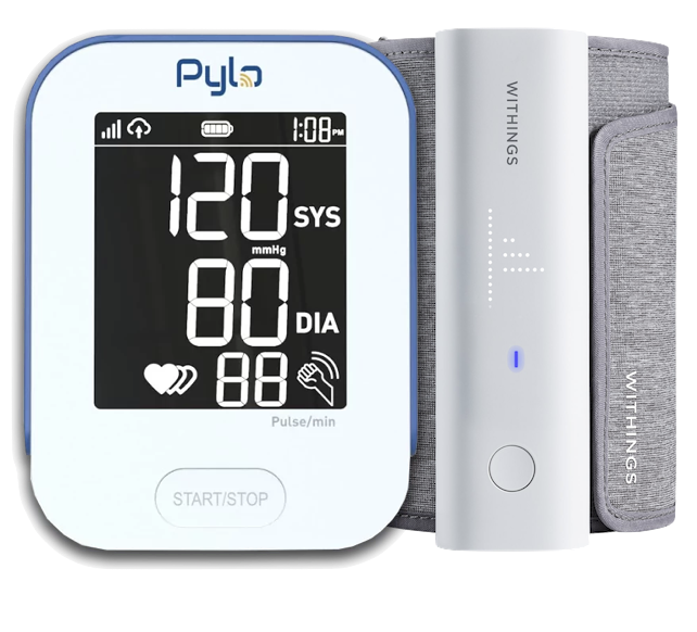 4G Cellular-Enabled Blood Pressure Cuffs: Pylo PY-802-LTE in front of Withings BPM Connect Pro
