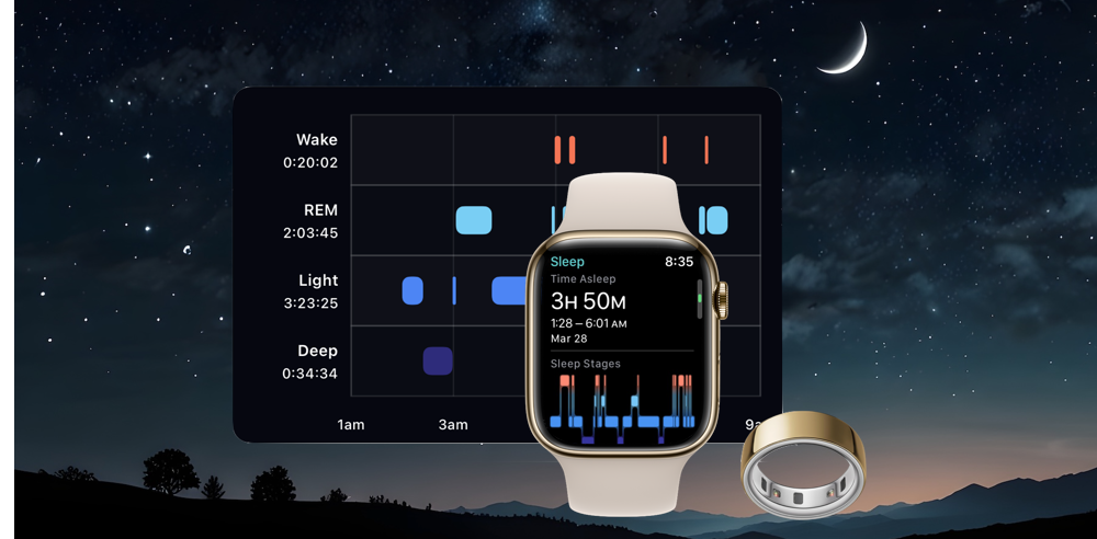 Sleep stages alongside an Apple Watch and Oura Ring against a night sky