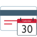 Credit card with calendar showing 30 text on white background with red header above numbers