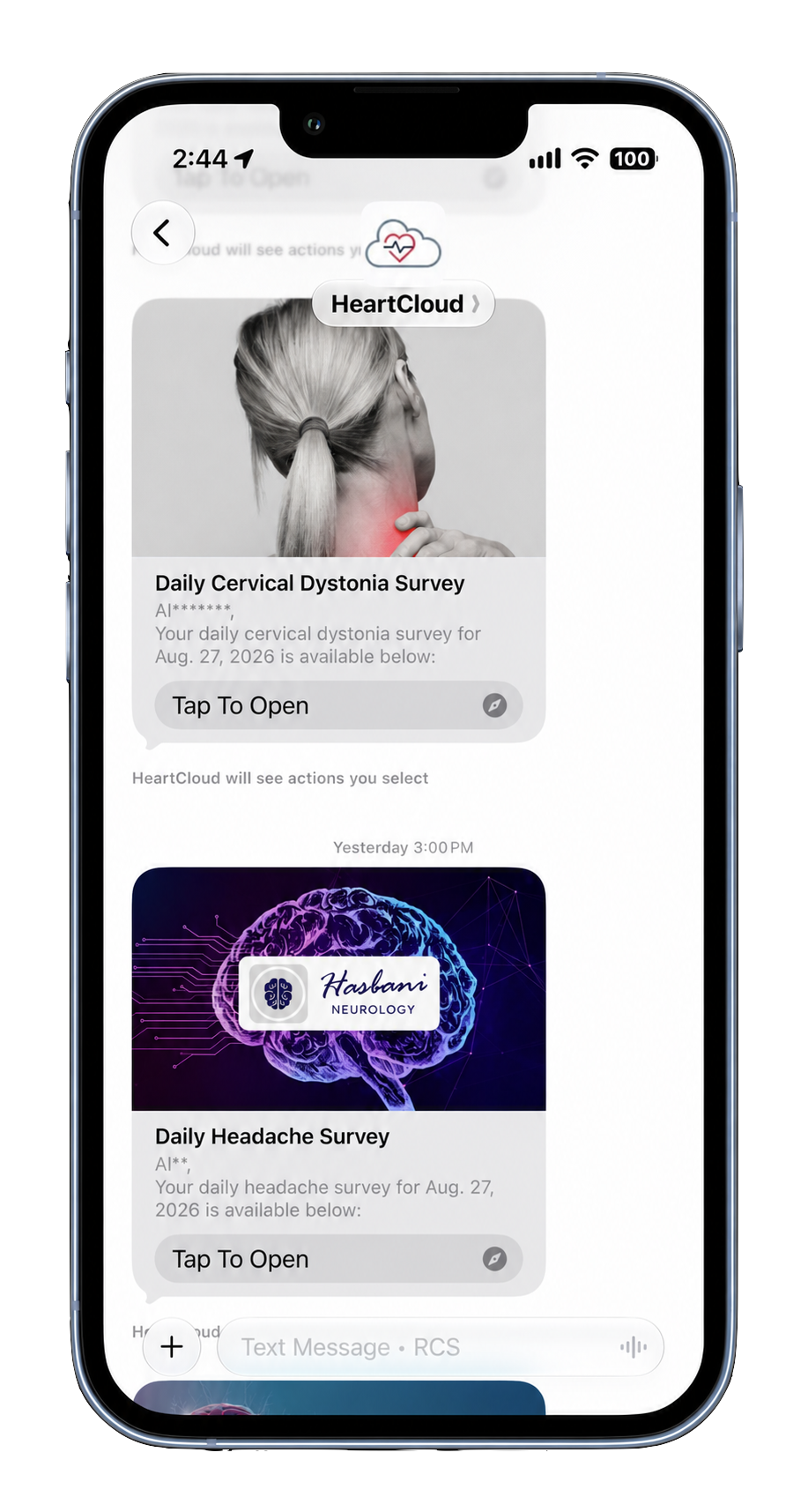 HeartCloud daily survey messages on an iPhone