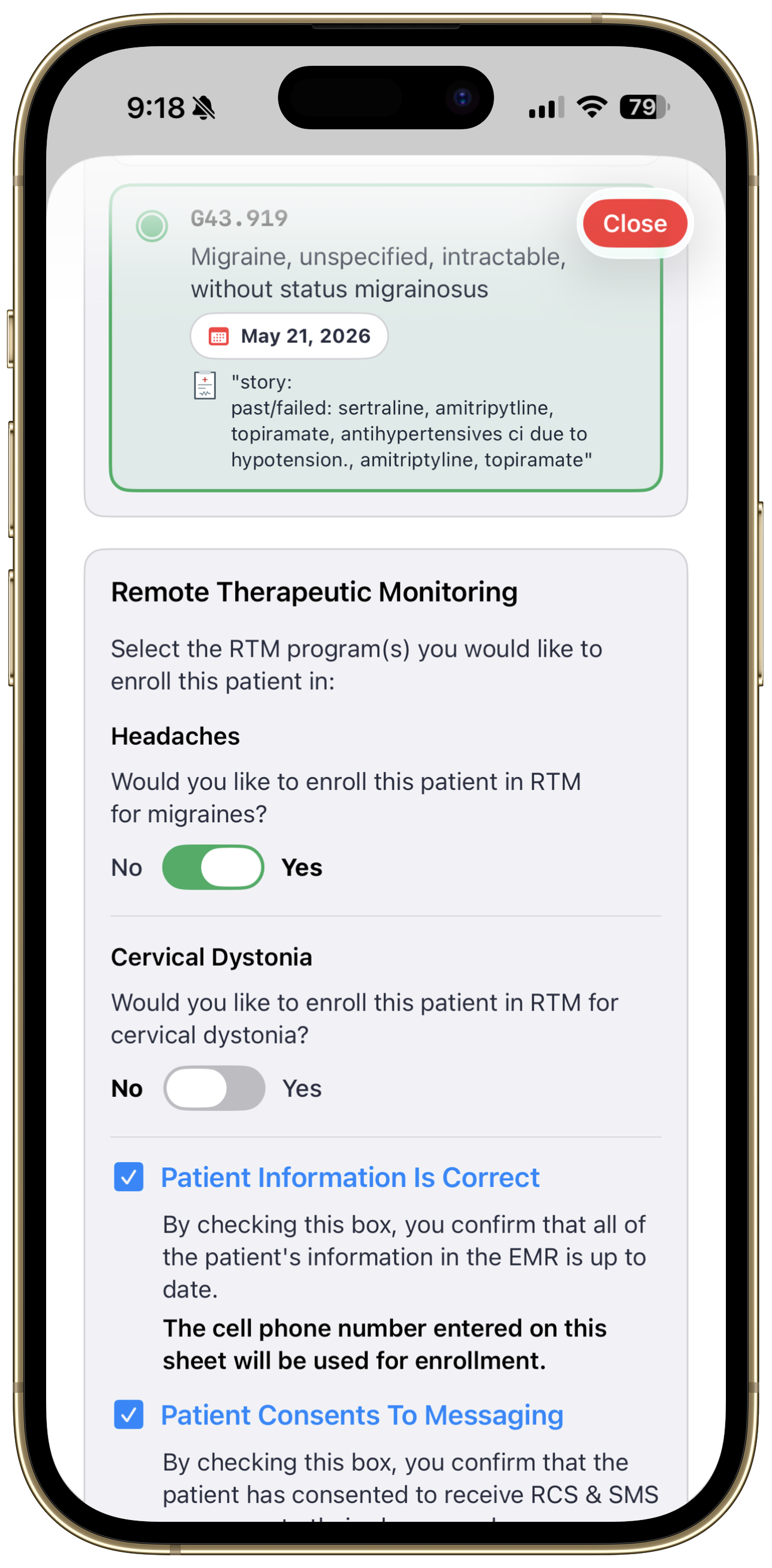 HeartCloud MD provider app showing patient enrollment in remote therapeutic monitoring