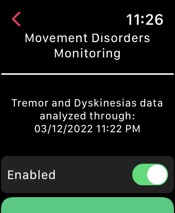 Screenshot showing movement disorder monitoring on HeartCloud Sync Apple Watch app