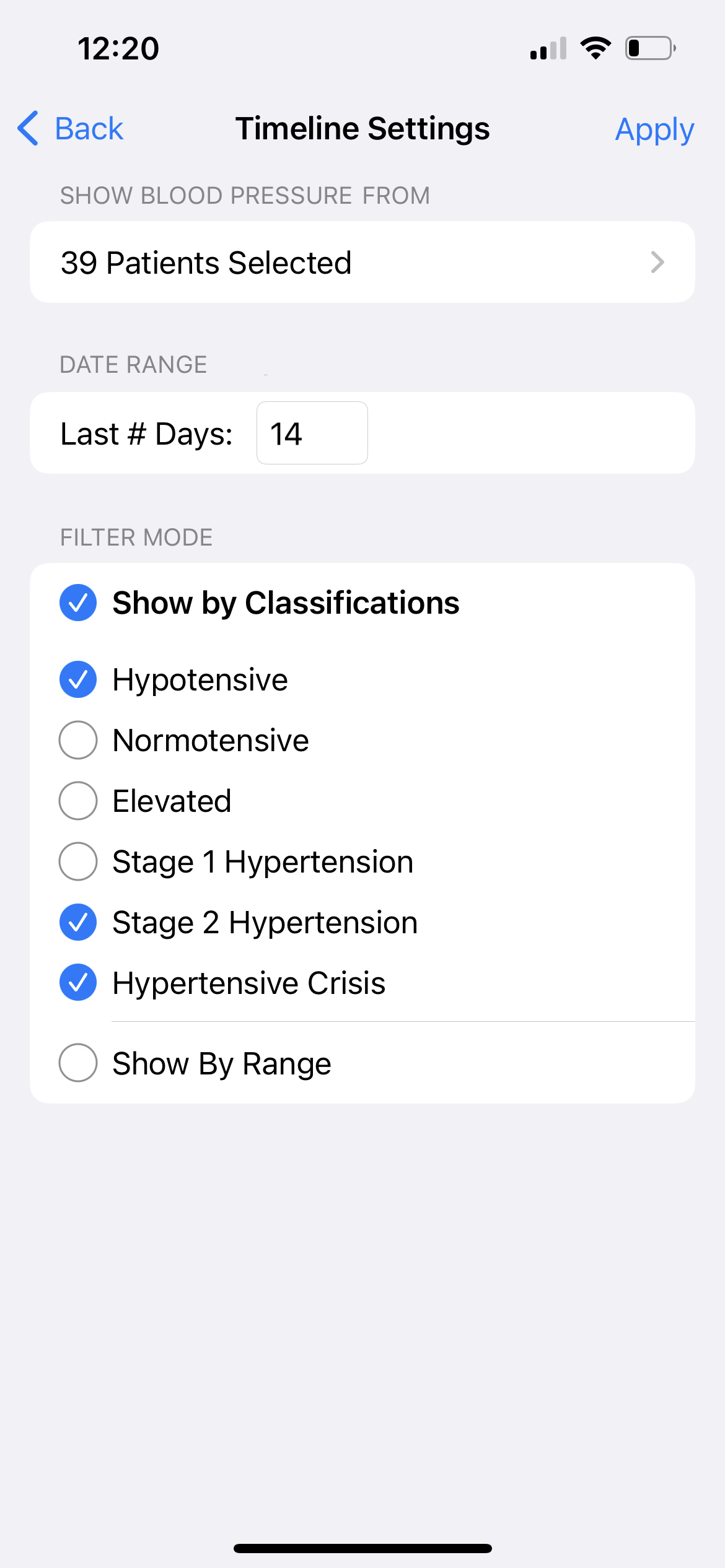 407x867 screenshot of blood pressure filtering options (hypotensive, normotensive, stage 1 hypertension, stage 2 hypertension, and hyptertensive crisis, applicable to selected patient(s) and within the last N number of days