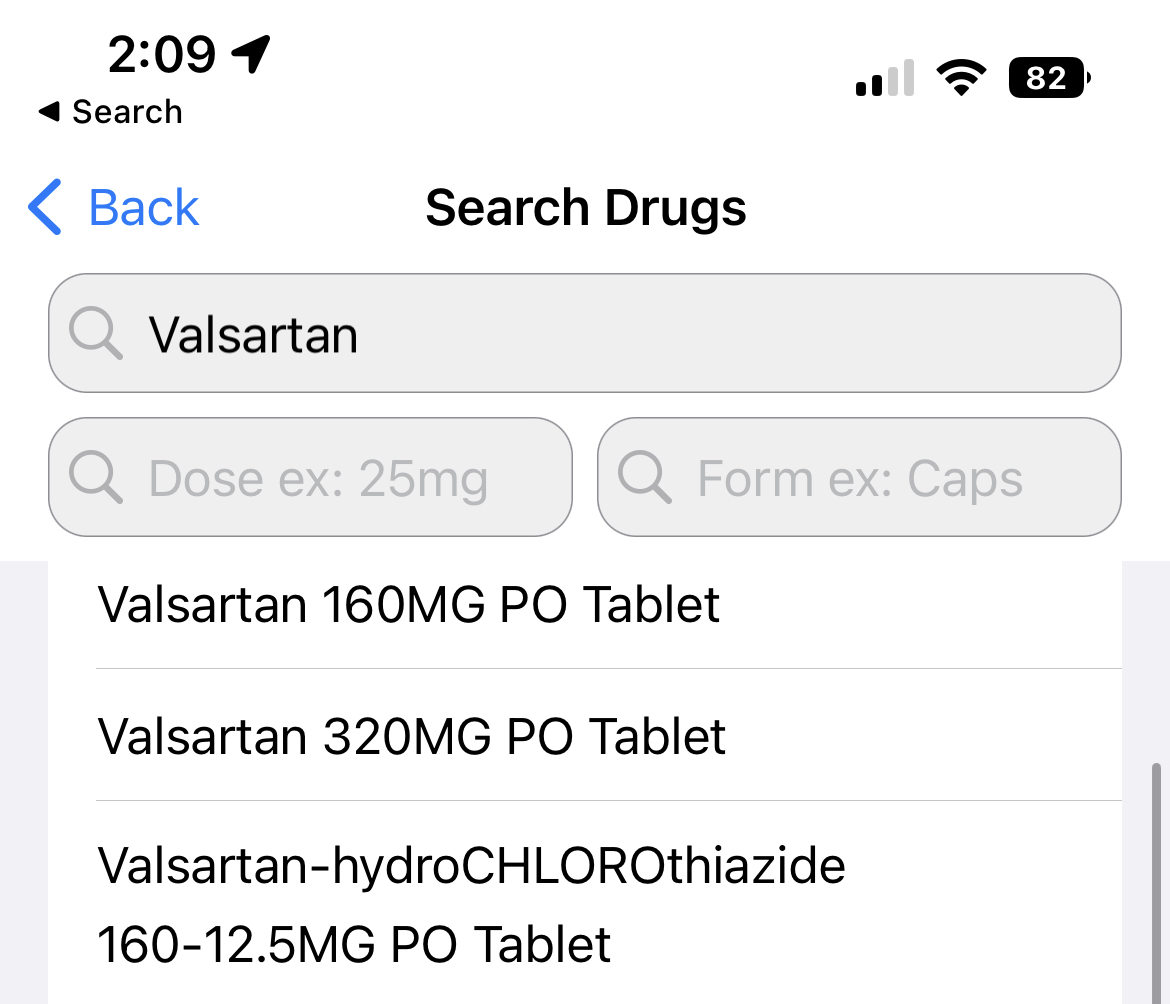 Screenshot showing a search for Valsartan