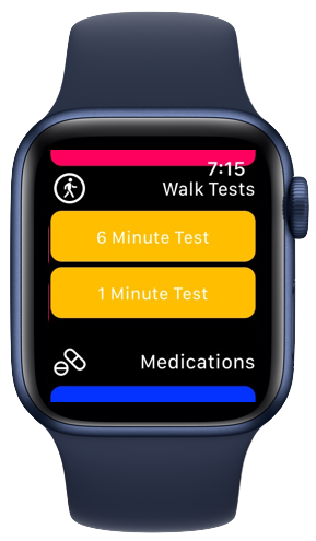 Blue Apple Watch Series 6 with yellow 1 and 6 minute walk test buttons