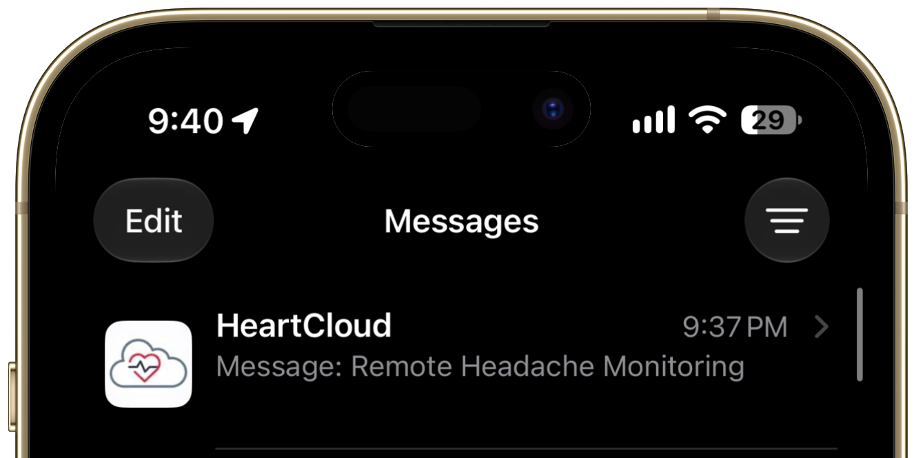 HeartCloud remote headache monitoring message in the iPhone Messages app