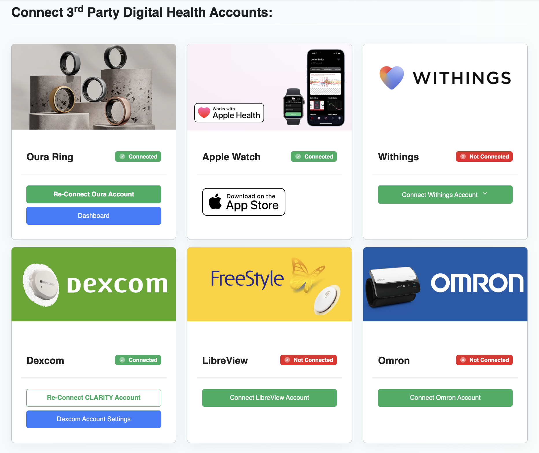 HeartCloud connections for Oura Ring, Apple Health, Withings, Dexcom, LibreView, and Omron accounts