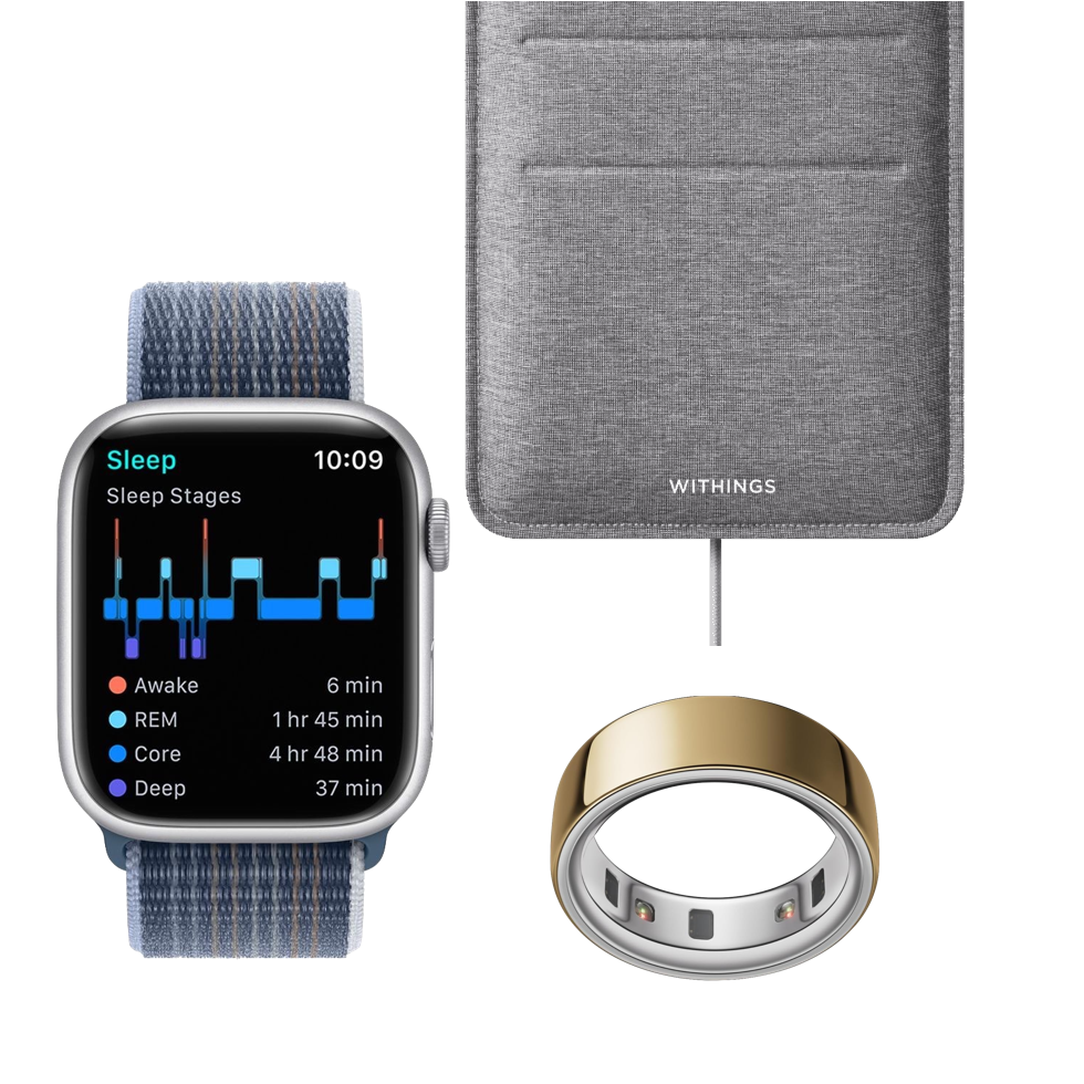 Withings sleep mat, Apple Watch, and Oura Ring for sleep monitoring